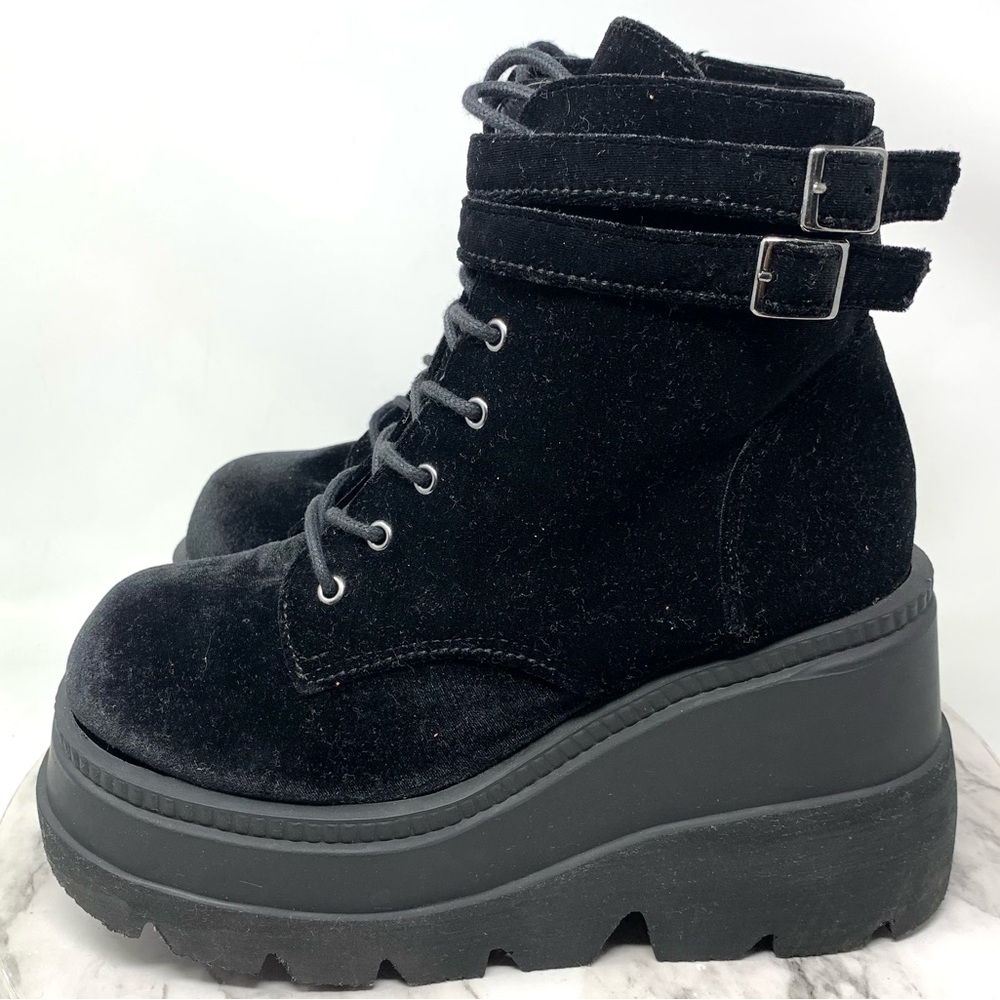 Demonia Velvet Technopagan Lace Up Black Mega Platform Chunky Boots 10 Goth Alt - Picture 3 of 16